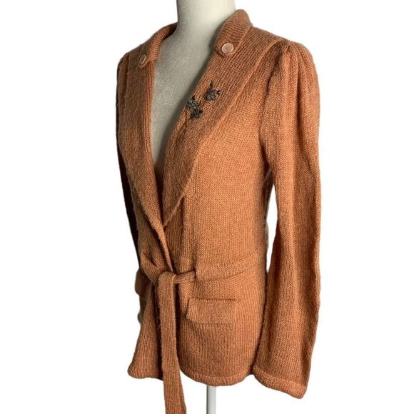 Vintage 80s Beaded Knit Cardigan Sweater M Mauve Pink Buttons Pockets Tie Waist - Picture 6 of 7